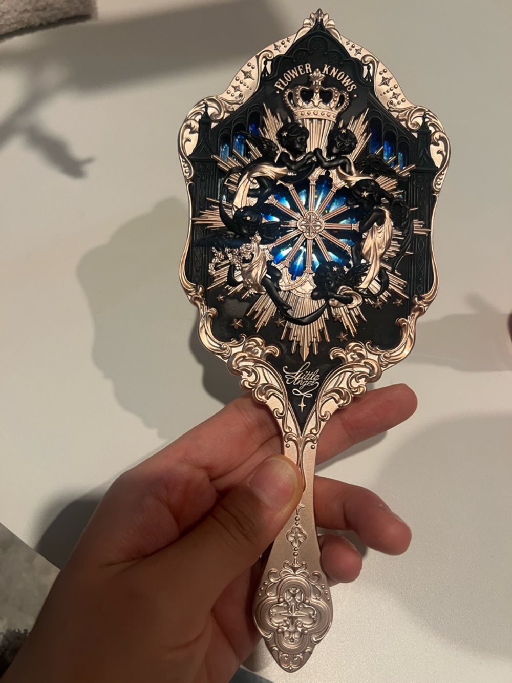 Little Angel Vintage-Style Hand Mirror in Rose Gold and Black